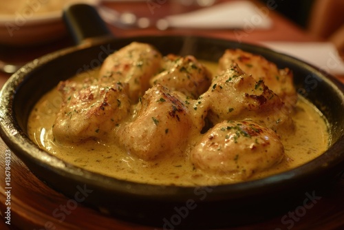 A sizzling plate of gallina en pepitoria with hen in almond sauce photo