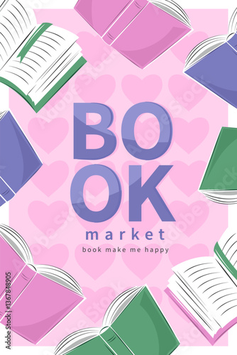 Book market. Layout design for bookstore, library, sale in bookshop.  Background with collection of different books.  Vector illustration for banner, cover, marketing.