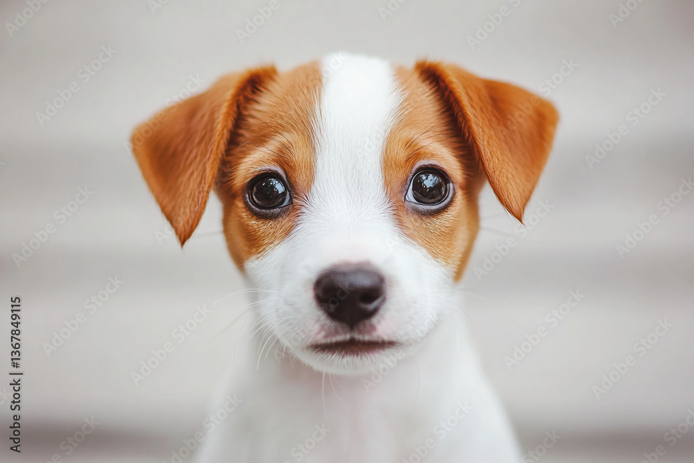 Close-up of a puppy's face, showcasing white and brown fur, large eyes, and small nose, conveying innocence, playfulness, and unconditional love, ideal for pet-related content Close-up of a puppy's face, showcasing white and brown fur, large eyes, and small nose, conveying innocence, playfulness, and unconditional love, ideal for pet-related content