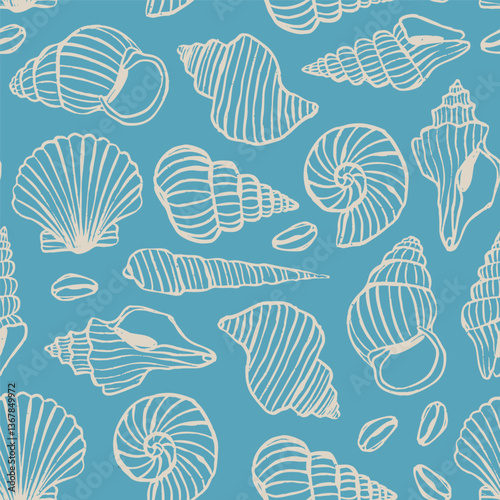 Various Seashells set. Different shapes. Outline modern style. Summer, vacation, ocean, beach concept. Hand drawn trendy Vector illustration. Square seamless Pattern, background, wrapping paper