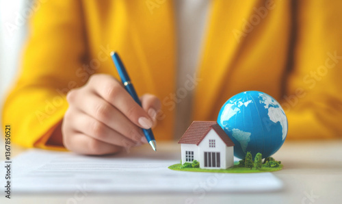 The essence of the hand-signing documents alongside a model house step in property transactions