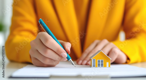 The essence of the hand-signing documents alongside a model house step in property transactions