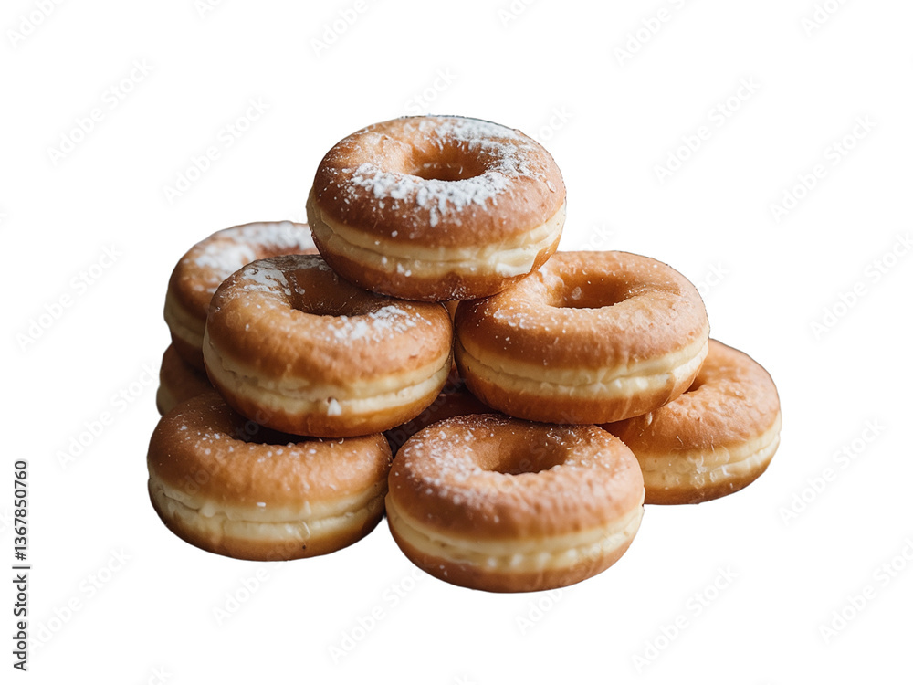 Freshly baked donuts stacked high on a white background inviting a sweet treat Freshly baked donuts stacked high on a white background inviting a sweet treat