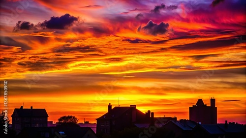 Minimalist Sunset Cityscape: Black Silhouettes of Houses Against Vibrant Sky