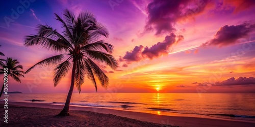 Minimalist Sunset Beach Scene: Vibrant Orange, Pink, Purple Sky