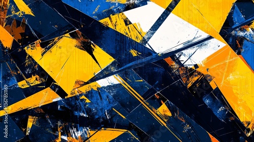 Chaotic digital background, jagged sharp lines, deep blues, bright yellows. Clashing colors, geometric patterns, edgy neobrutalist aesthetic. High contrast, bold style, graphic wallpaper, ad.