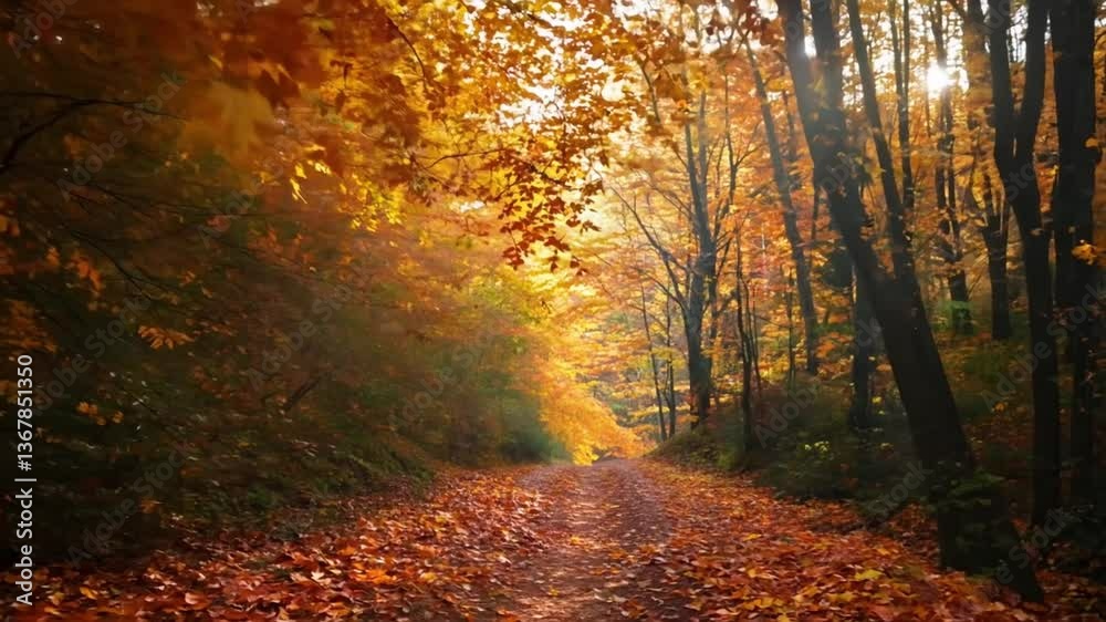 Scenic Autumn Pathway Surrounded by Vibrant Orange and Yellow Leaves in a Tranquil Forest Setting Scenic Autumn Pathway Surrounded by Vibrant Orange and Yellow Leaves in a Tranquil Forest Setting