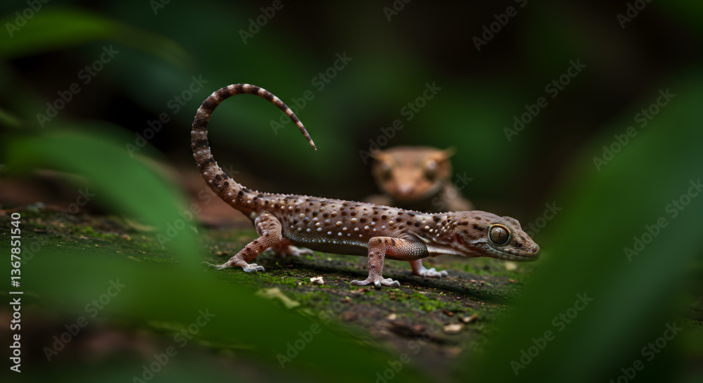 Naklejka premium Speckled gecko waving its tail to potentially distract a predator in a lush setting