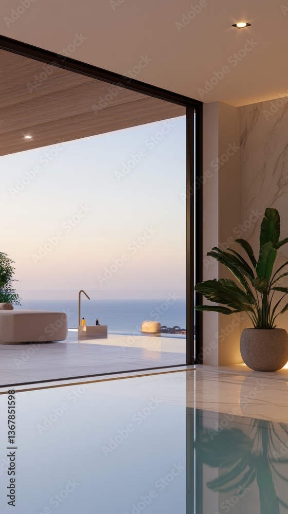 Fototapeta premium Luxurious modern villa with infinity pool overlooking the serene ocean at sunset, showcasing elegant interior and tranquil atmosphere