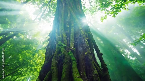 Majestic tall tree surrounded by lush greenery and soft morning light in dense tropical forest atmosphere