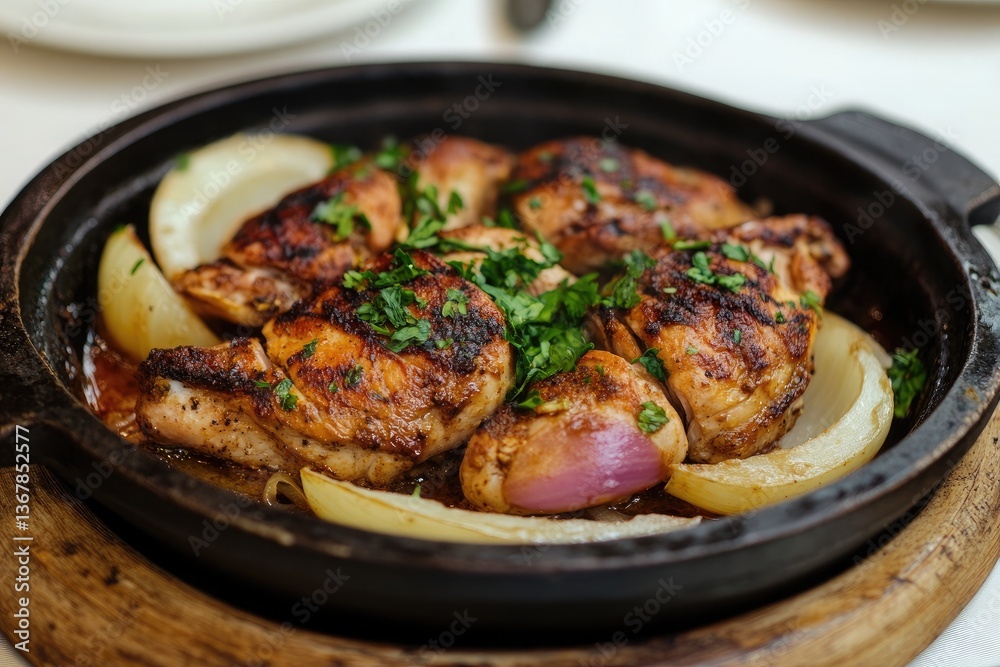 A sizzling plate of musakhan with sumac chicken and onions A sizzling plate of musakhan with sumac chicken and onions