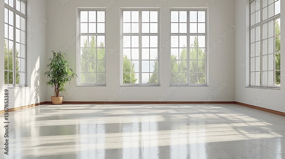 Fototapeta premium Bright Minimalist Room with Large Windows and Sunlight