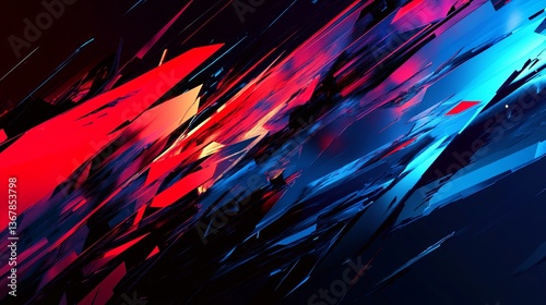 Dramatic digital texture, jagged sharp edges, vibrant neon gradients, red, blue, black. Geometric abstraction, high contrast, bold modern neobrutalist aesthetic, banner, wallpaper, ad.
