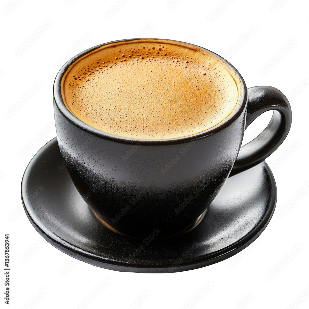 Obraz premium Black coffee cup with saucer isolated on transparent background cutout