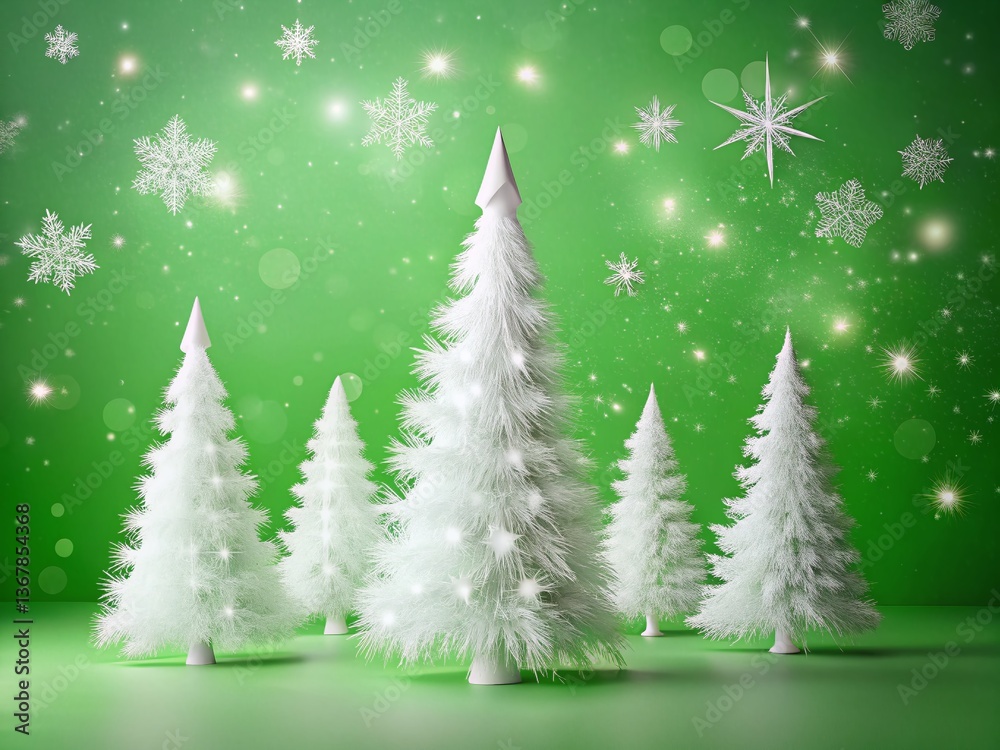 Obraz premium Minimalist White Christmas Trees with Snowflakes on Green Background - Festive Holiday Stock Photo