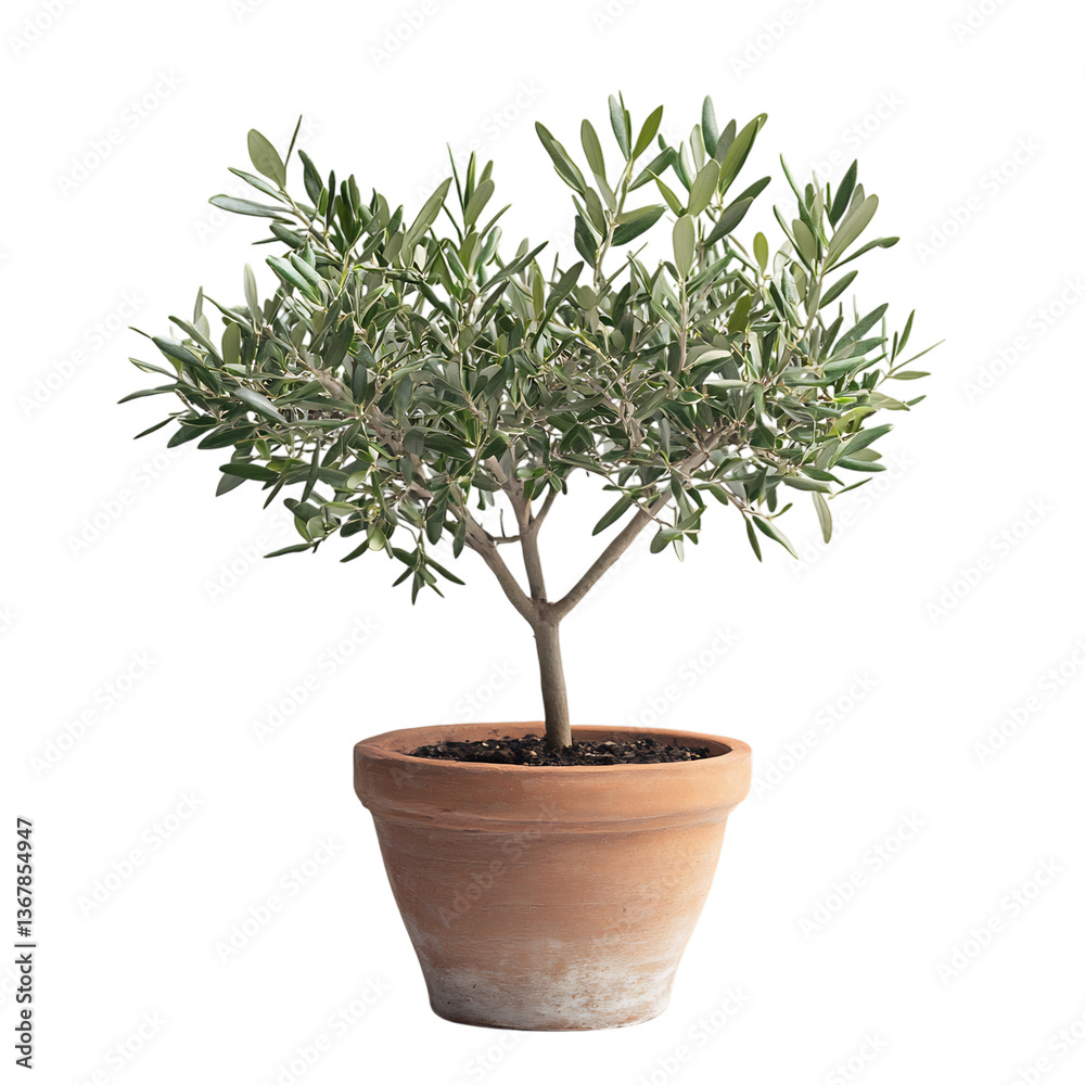 A Small Olive Tree in a Rustic Clay Pot Isolated on Transparent Background A Small Olive Tree in a Rustic Clay Pot Isolated on Transparent Background