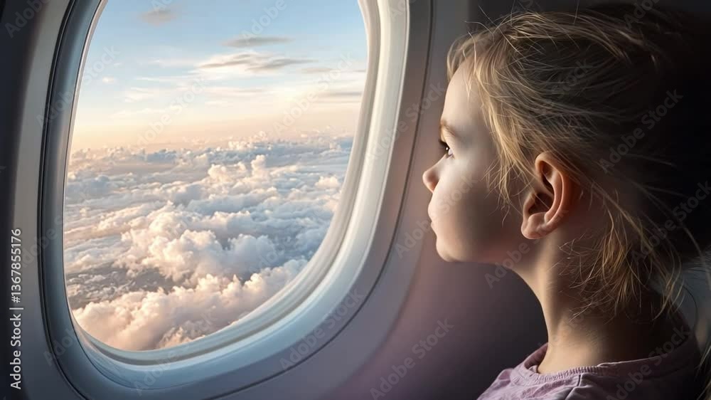 Child Looking Out Airplane Window at Scenic Sky and Clouds During Travel Adventure Journey Child Looking Out Airplane Window at Scenic Sky and Clouds During Travel Adventure Journey