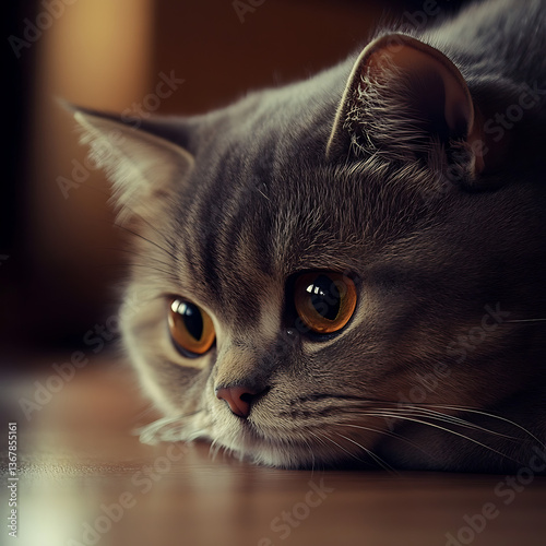 Cute grey cat close up lying on floor, round golden eyes focus expression, soft fur kitten adorable look, indoor feline resting calm peaceful moment

 photo