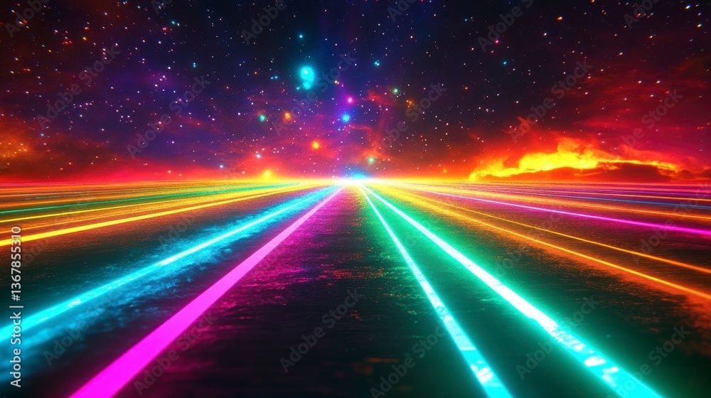 Obraz premium Vibrant neon lines converge on a fiery horizon under a starry sky.