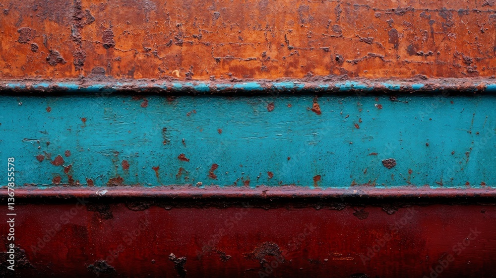 Fototapeta premium Close-up view of an aged fishing vessel's hull showcasing chipped paint in blues and reds, with rust and barnacles illustrating years of marine exposure