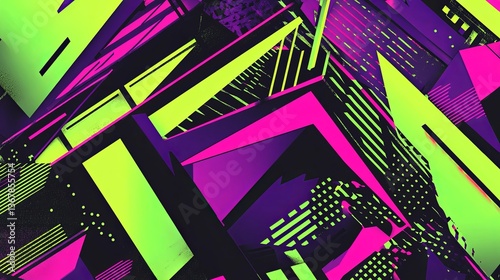  Geometric fragmented background, neon greens, purples, blacks. Sharp lines, angular shapes, high contrast, bold graphic design. Futuristic, modern neobrutalism, edgy digital wallpaper, ad.