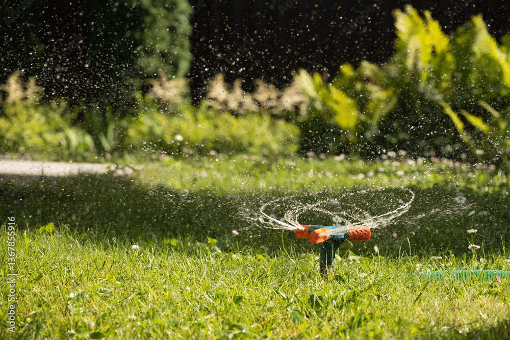 Garden sprinkler on sunny day during watering green lawn in garden. Automatic smart irrigation system. Summer season. Close up.