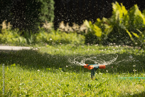 Obraz na płótnie Garden sprinkler on sunny day during watering green lawn in garden. Automatic smart irrigation system. Summer season. Close up. w salonie
