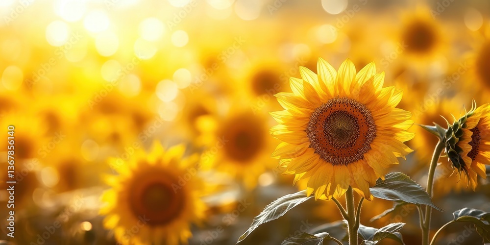 Fototapeta premium Sunflower Field: A radiant field of sunflowers basks in the golden light, a symbol of joy, warmth, and the vibrant beauty of nature. Capturing the essence of summer.