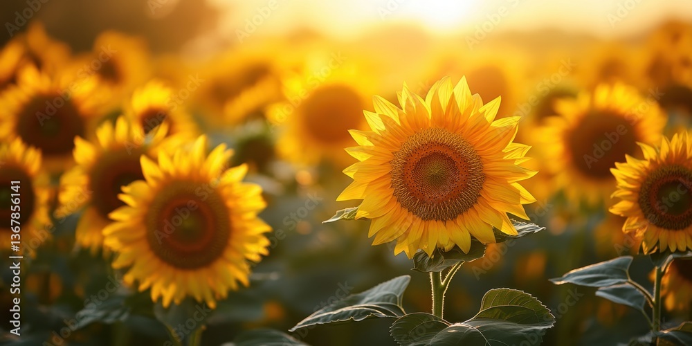 Obraz premium Golden Embrace: A sunlit field of sunflowers basks in the warm glow of dawn, offering a vibrant display of nature's beauty. Witness the elegance of sunflowers as they greet the sun.