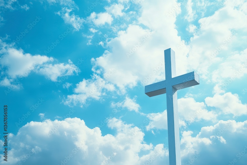 White Christian Cross Against a Bright Blue Cloudy Sky Scenery White Christian Cross Against a Bright Blue Cloudy Sky Scenery