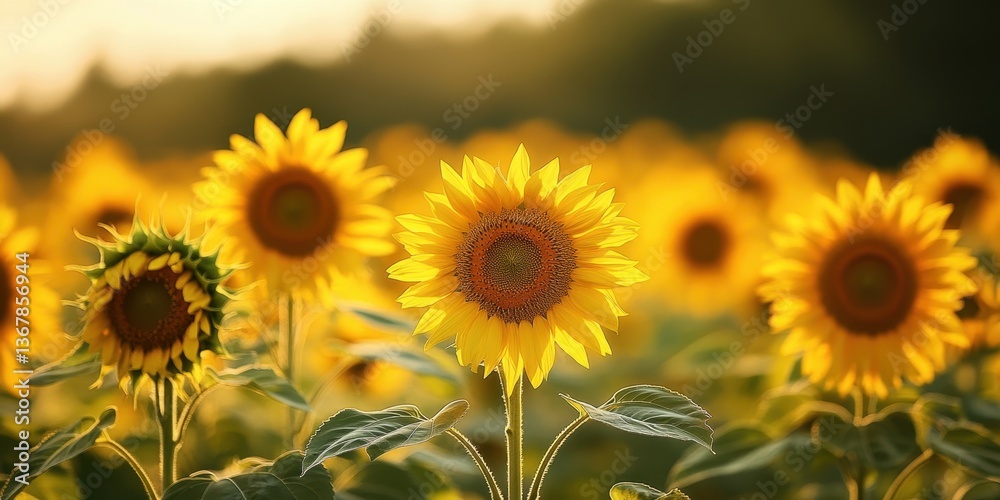 Fototapeta premium Sunflower Serenade: A close-up shot of a sunflower field bathed in golden sunlight, evoking feelings of warmth, joy, and the beauty of nature's simple elegance.