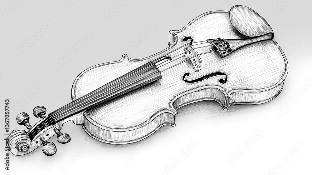 Obraz premium A detailed pencil sketch of a violin with its strings and wood grain texture.