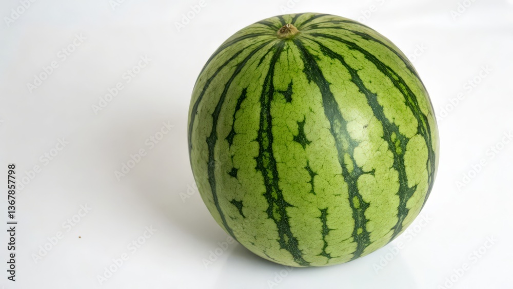 Whole Fresh Watermelon with Green Striped Rind Isolated on White Background
Whole Fresh Watermelon with Green Striped Rind Isolated on White Background