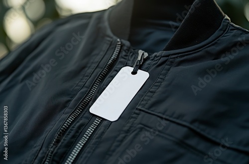 Black Bomber Jacket Displaying Blank White Tag for Product Information