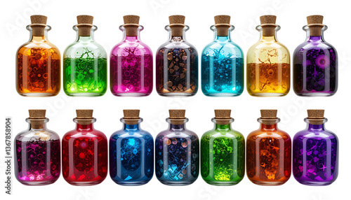 Colorful magic potion bottles with vibrant contents fantasy elixir