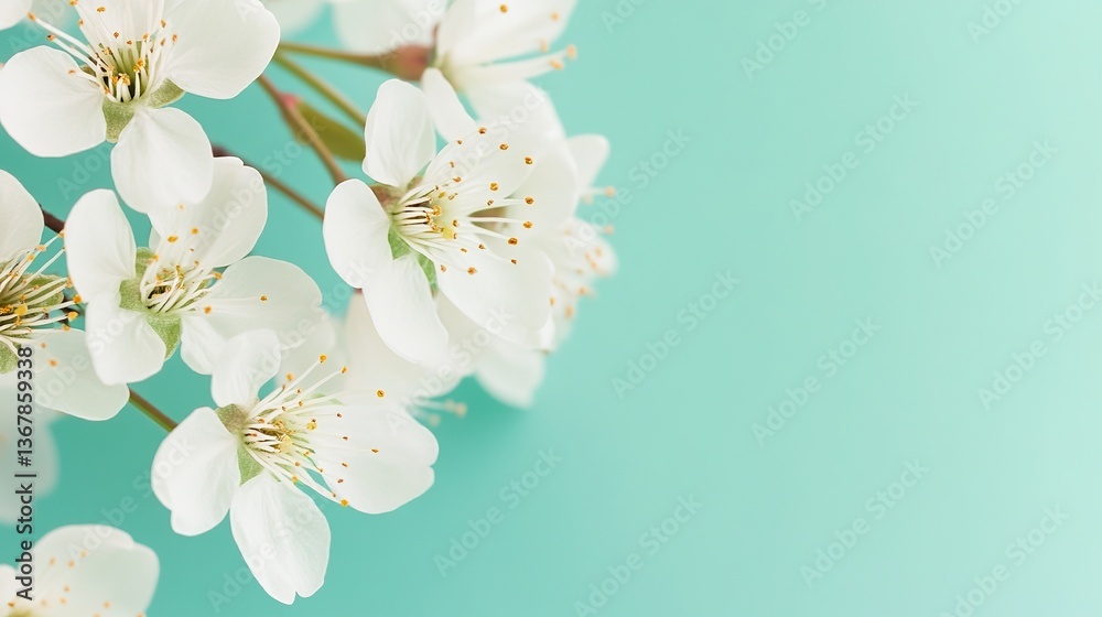 Fototapeta premium Close-up of delicate white cherry blossoms on a soft green background, with space for text or images, is the perfect design for cards, invitations, wallpapers, banners, posters, social media posts.