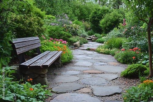 A peaceful garden with stone pathways and benches, a place of tranquility and reflection