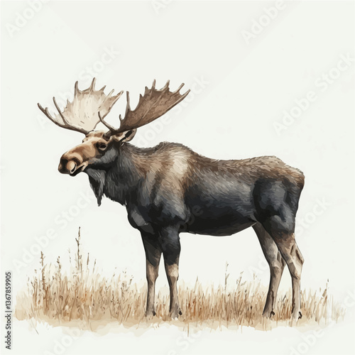 A watercolor painting of a moose, isolated on a white background. Moose vector.

