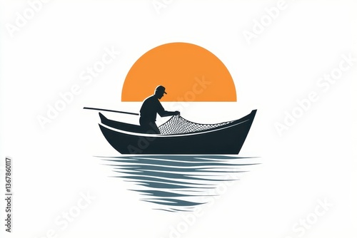 Minimalist Fisherman Silhouette Logo Sunset, Boat, and Net Design