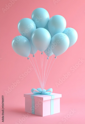 Gift Box Floating with Pastel Balloons Against Pink Background for Celebrations