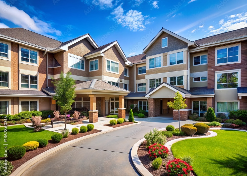Modern Assisted Living Facility Exterior, Sunny Day, Landscaping, Senior Housing, Retirement Community