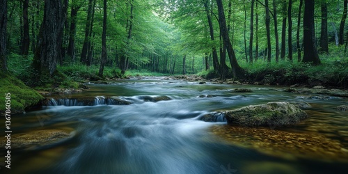 Tranquil Forest Stream: A gentle stream meanders through a vibrant, lush forest, with the water's movement creating a dynamic contrast with the stillness of the trees, showcasing natural beauty.