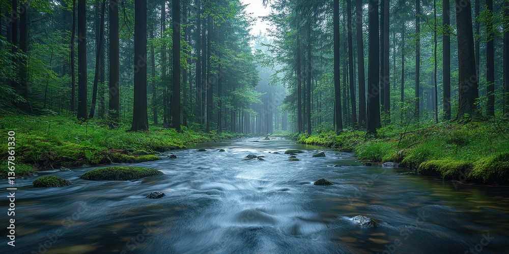 Fototapeta premium Serene Forest River: A meandering river flows gracefully through a dense, verdant forest. The water's gentle movement creates a blurred effect, inviting viewers to feel the coolness and tranquility.