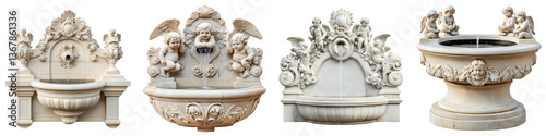 A collection of intricately carved ornate baroque style fountains and sculptures featuring angels cherubs and other decorative elements in a classical architectural style