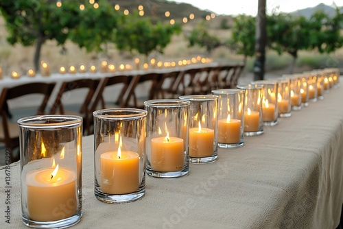 Romantic Outdoor Candlelight Dinner Setting. A long table adorned with flickering candlelight creates a magical ambiance for a special event.