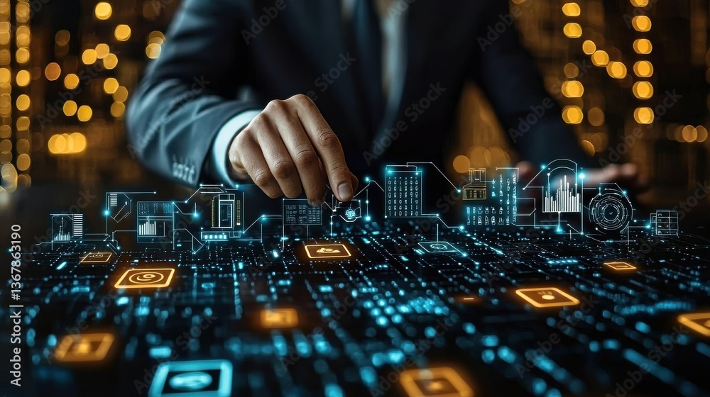 Obraz premium Futuristic digital cityscape with a network of glowing intelligence technology and a sleek modern urban landscape