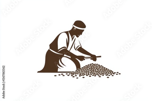 Minimalist Black and White Logo of a Coffee Farmer Processing Beans