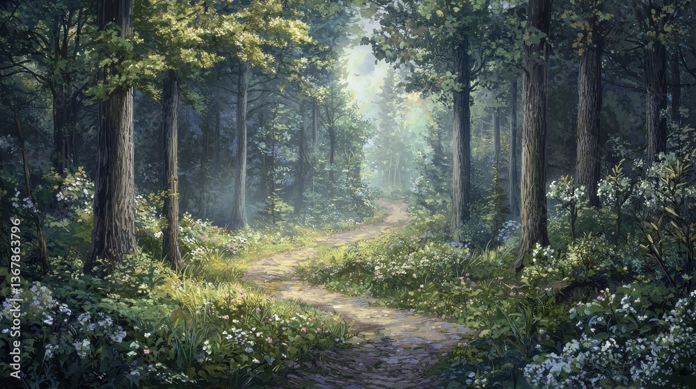 Fototapeta premium A serene forest scene displaying a winding path among trees