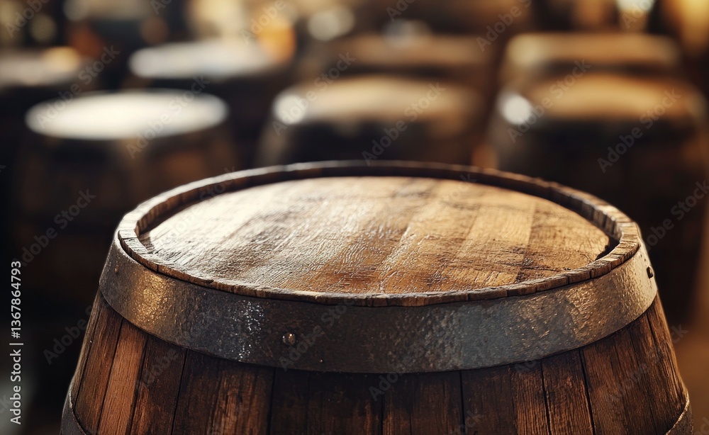 Wooden Barrel with Metal Hoops in Distillery or Cellar Setting Wooden Barrel with Metal Hoops in Distillery or Cellar Setting
