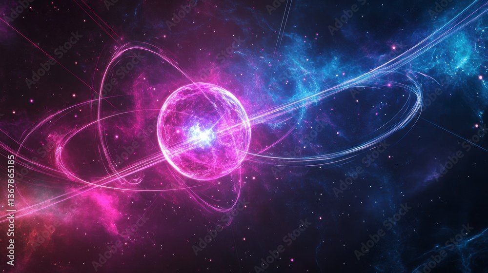 Glowing orb in vibrant nebula, cosmic energy, swirling trails, pink, blue, dark space background. Glowing orb in vibrant nebula, cosmic energy, swirling trails, pink, blue, dark space background.